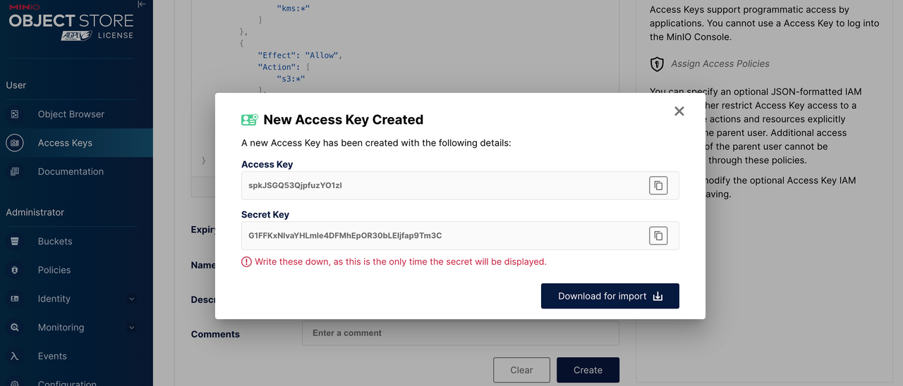 MinIO create access key step 2